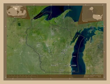 Wisconsin, Amerika Birleşik Devletleri. Düşük çözünürlüklü uydu. Bölgenin büyük şehirlerinin yerleri ve isimleri. Köşedeki yedek konum haritaları