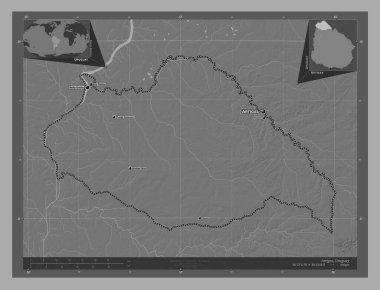 Artigas, Uruguay Bölümü. Göllü ve nehirli çift katlı yükseklik haritası. Bölgenin büyük şehirlerinin yerleri ve isimleri. Köşedeki yedek konum haritaları