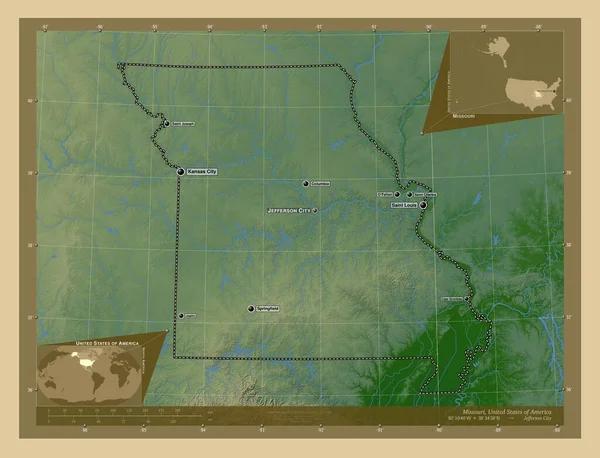 密苏里州 美利坚合众国 有湖泊和河流的彩色高程图 该区域主要城市的地点和名称 角辅助位置图 — 图库照片