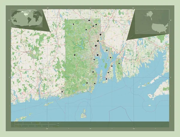 ロードアイランド州 アメリカ合衆国の州 ストリートマップを開く 地域の主要都市の場所 コーナー補助位置図 — ストック写真