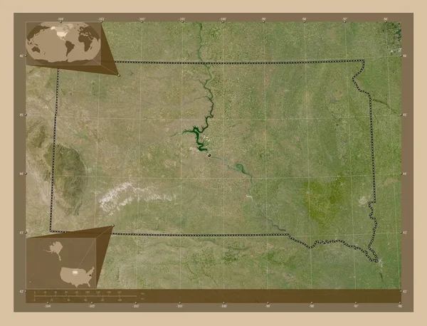 サウスダコタ州 アメリカ合衆国の州 低解像度衛星地図 コーナー補助位置図 — ストック写真