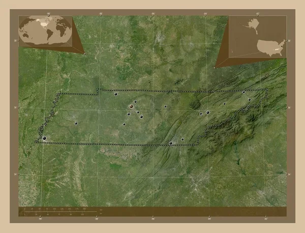 テネシー州 アメリカ合衆国の州 低解像度衛星地図 地域の主要都市の場所 コーナー補助位置図 — ストック写真