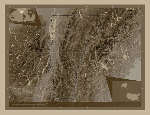 Βερμόντ Πολιτεία Των Ηπα Υψόμετρο Χάρτη Χρωματισμένο Τόνους Σέπια Λίμνες — Φωτογραφία Αρχείου