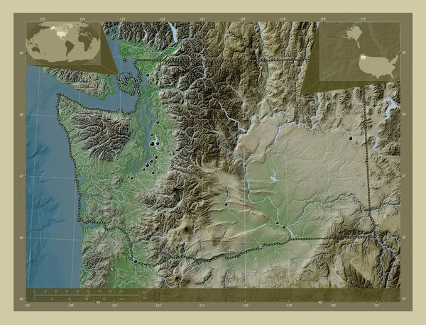 ワシントン アメリカ合衆国の州 湖や川とWikiスタイルで着色された標高マップ 地域の主要都市の場所 コーナー補助位置図 — ストック写真