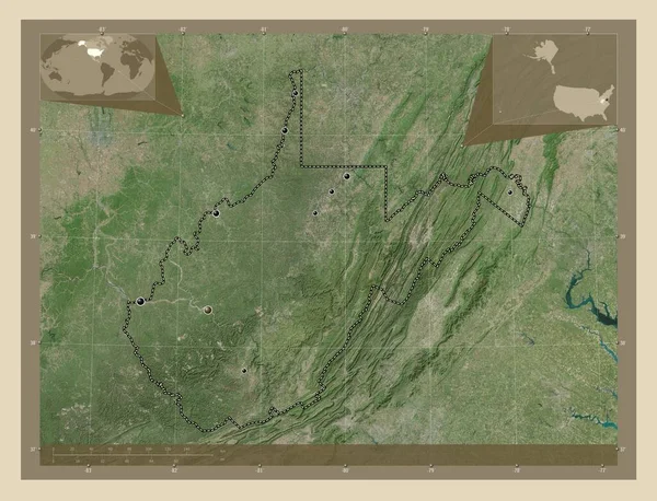 ウェストバージニア州 アメリカ合衆国の州 高解像度衛星地図 地域の主要都市の場所 コーナー補助位置図 — ストック写真