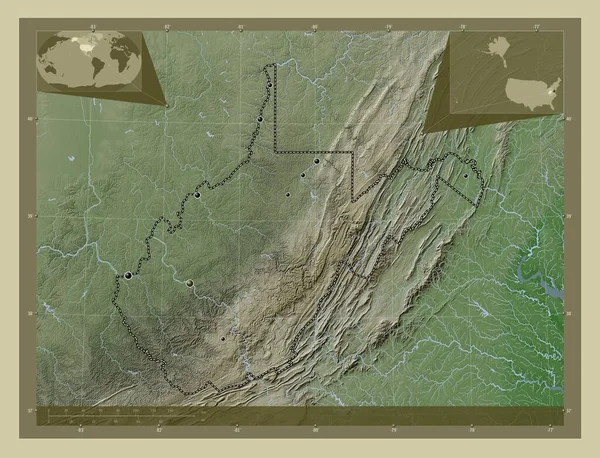 ウェストバージニア州 アメリカ合衆国の州 湖や川とWikiスタイルで着色された標高マップ 地域の主要都市の場所 コーナー補助位置図 — ストック写真