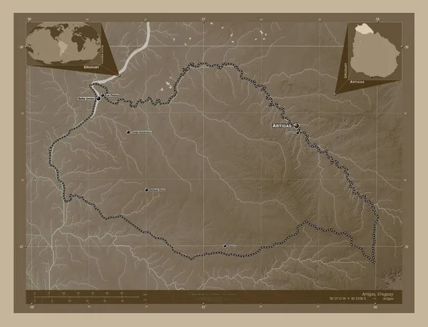 Артігас Департамент Уругваю Висота Карти Забарвлена Сепії Тонів Озерами Річками — стокове фото