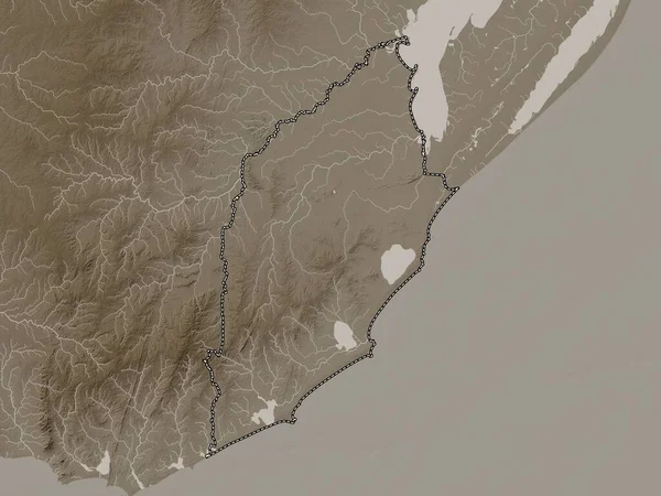 Rocha Oddělení Uruguaye Nadmořská Mapa Zabarvená Sépiovými Tóny Jezery Řekami — Stock fotografie