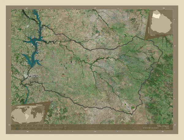 Salto Departament Urugwaju Mapa Satelity Wysokiej Rozdzielczości Lokalizacje Nazwy Głównych — Zdjęcie stockowe