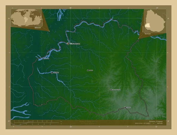 Сориано Департамент Уругвая Цветная Карта Высоты Озерами Реками Места Названия — стоковое фото