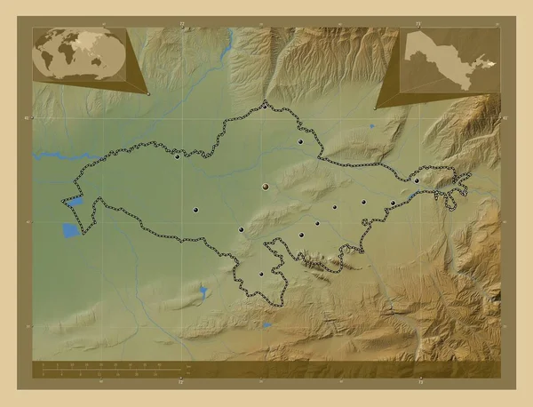 乌兹别克斯坦安集延地区 有湖泊和河流的彩色高程图 该区域主要城市的所在地点 角辅助位置图 — 图库照片