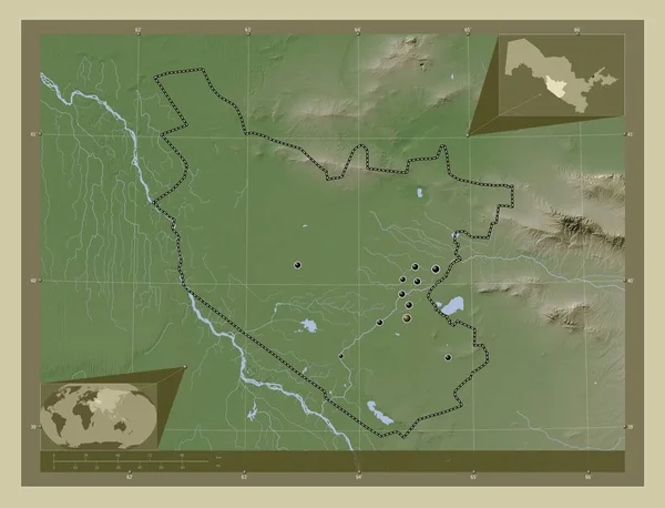 乌兹别克斯坦布克霍罗地区 用Wiki风格绘制的带有湖泊和河流的高程地图 该区域主要城市的所在地点 角辅助位置图 — 图库照片