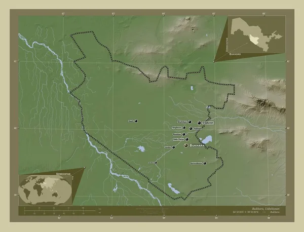 Bukhoro, region of Uzbekistan. Elevation map colored in wiki style with lakes and rivers. Locations and names of major cities of the region. Corner auxiliary location maps