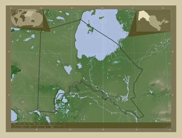 Karakalpakstan Autonomiczny Region Uzbekistanu Mapa Wzniesień Kolorowa Stylu Wiki Jeziorami — Zdjęcie stockowe