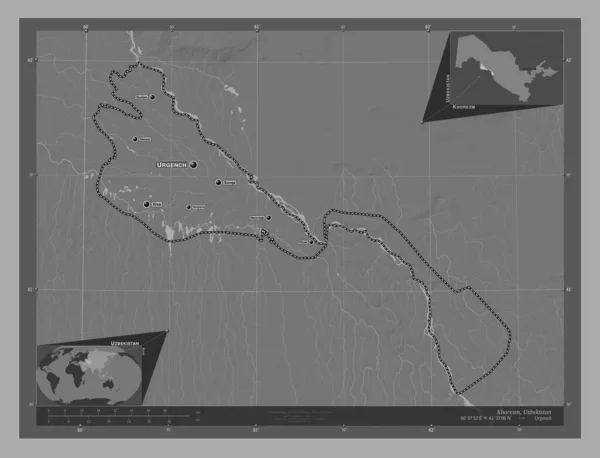 Jorezm Región Uzbekistán Mapa Elevación Bilevel Con Lagos Ríos Ubicaciones — Foto de Stock