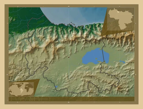 Carabobo Stan Wenezuela Kolorowa Mapa Wzniesień Jeziorami Rzekami Pomocnicze Mapy — Zdjęcie stockowe