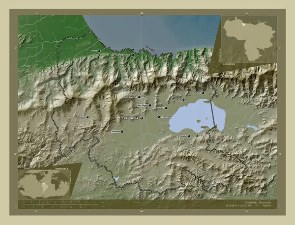 Carabobo 委内瑞拉 用Wiki风格绘制的带有湖泊和河流的高程地图 该区域主要城市的地点和名称 角辅助位置图 — 图库照片