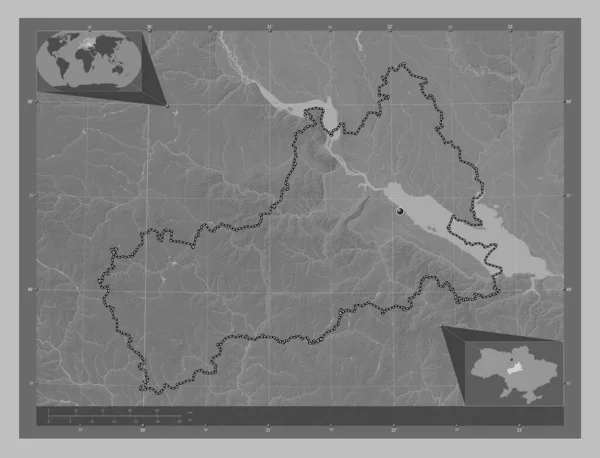 Cherkasy 乌克兰地区 带有湖泊和河流的灰度高程图 角辅助位置图 — 图库照片