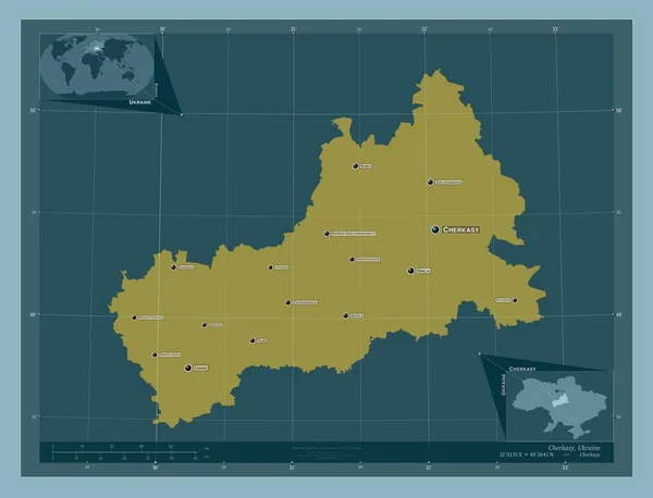 チェルカシー ウクライナの地域 しっかりした色の形 地域の主要都市の位置と名前 コーナー補助位置図 — ストック写真