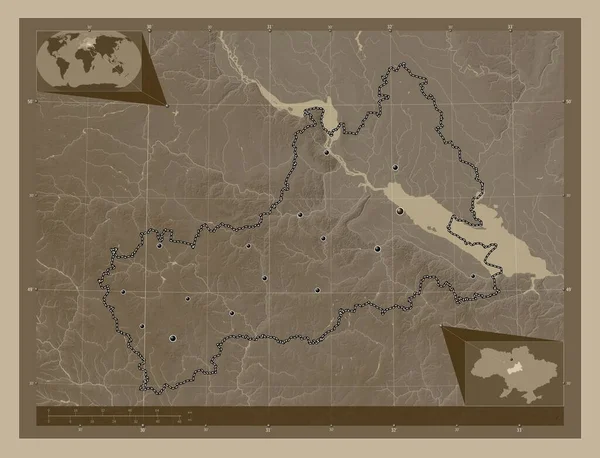 Cherkasy Oblast Ukrajiny Zdvihová Mapa Zbarvená Sépiovými Tóny Jezery Řekami — Stock fotografie