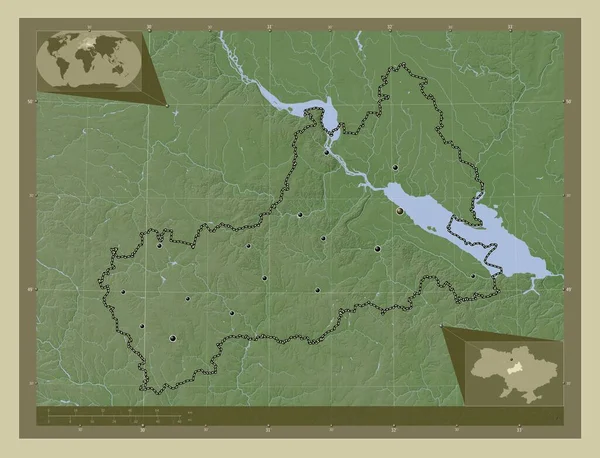 Cherkasy 乌克兰地区 用Wiki风格绘制的带有湖泊和河流的高程地图 该区域主要城市的所在地点 角辅助位置图 — 图库照片