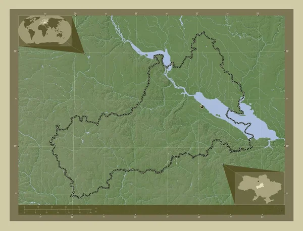 Cherkasy 乌克兰地区 用Wiki风格绘制的带有湖泊和河流的高程地图 角辅助位置图 — 图库照片