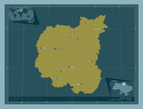 チェルニヒフ ウクライナの地域 しっかりした色の形 地域の主要都市の位置と名前 コーナー補助位置図 — ストック写真