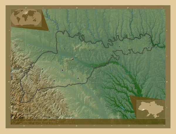 Chernivtsi Regione Ucraina Mappa Elevazione Colorata Con Laghi Fiumi Località — Foto Stock