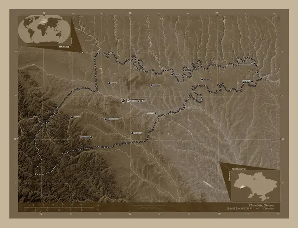 Черновцы Область Украины Карта Высоты Окрашенная Сепиевые Тона Озерами Реками — стоковое фото