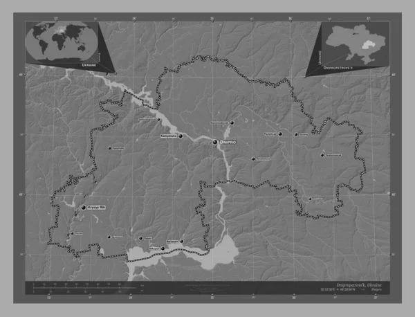 Dnipropetrovs Region Ukraine Bilevel Elevation Map Lakes Rivers Locations Names — Stock Photo, Image
