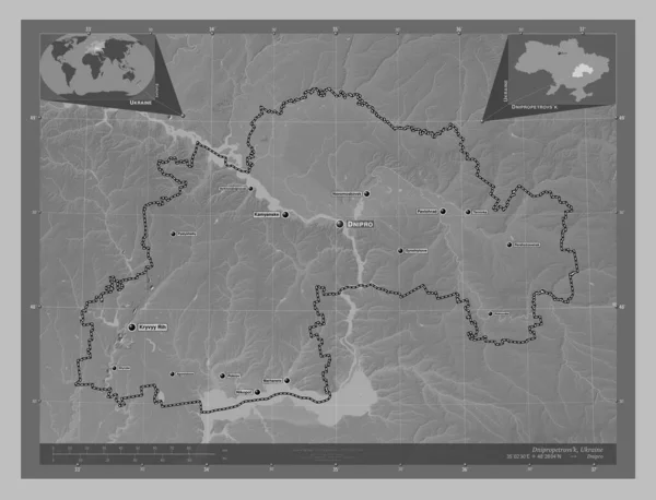 Dnipropetrovs Región Ucrania Mapa Elevación Escala Grises Con Lagos Ríos — Foto de Stock