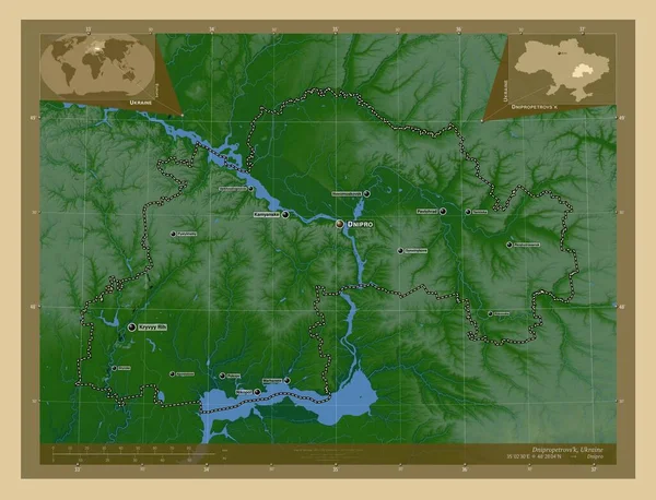 Dniepropietrowsk Region Ukrainy Kolorowa Mapa Wzniesień Jeziorami Rzekami Lokalizacje Nazwy — Zdjęcie stockowe