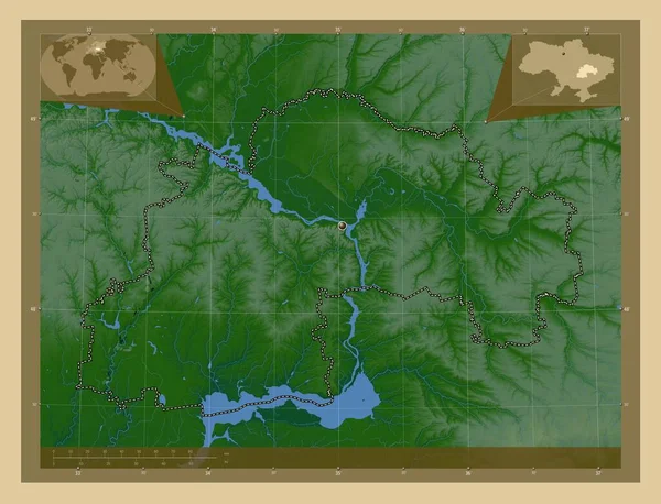ドニプロペトロフ ウクライナの領域 湖や川と色の標高マップ コーナー補助位置図 — ストック写真