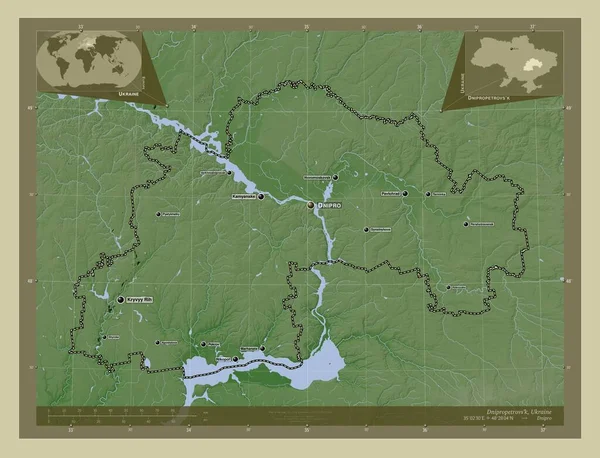 Dnipropetrovs 乌克兰地区 用Wiki风格绘制的带有湖泊和河流的高程地图 该区域主要城市的地点和名称 角辅助位置图 — 图库照片