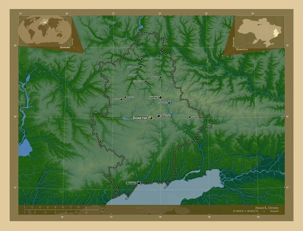 Donets Region Ukrainy Kolorowa Mapa Wzniesień Jeziorami Rzekami Lokalizacje Nazwy — Zdjęcie stockowe