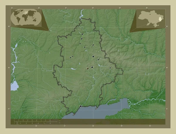 Donets 乌克兰地区 用Wiki风格绘制的带有湖泊和河流的高程地图 该区域主要城市的所在地点 角辅助位置图 — 图库照片