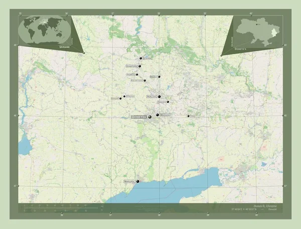 ドネッツ ウクライナの地域 ストリートマップを開く 地域の主要都市の位置と名前 コーナー補助位置図 — ストック写真