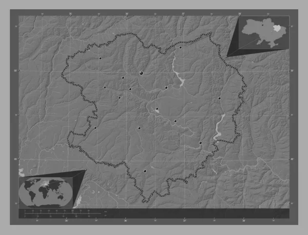 ハルキウ ウクライナの地域 湖や川と二階の標高マップ 地域の主要都市の場所 コーナー補助位置図 — ストック写真