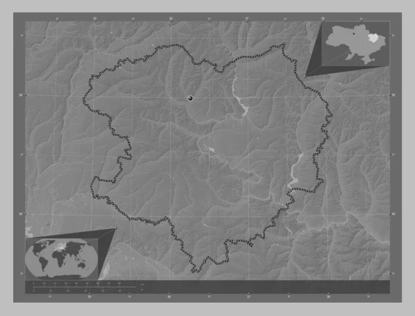哈尔科夫 乌克兰地区 带有湖泊和河流的灰度高程图 角辅助位置图 — 图库照片