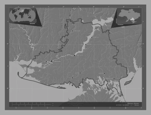 Kherson Región Ucrania Mapa Elevación Bilevel Con Lagos Ríos Ubicaciones —  Fotos de Stock