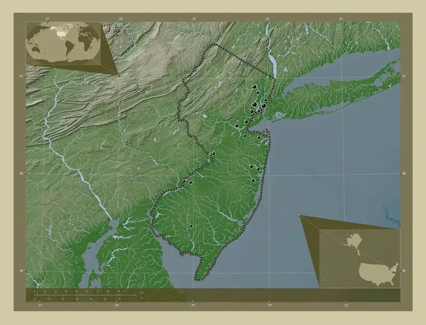 美国新泽西州New Jersey State America 用Wiki风格绘制的带有湖泊和河流的高程地图 该区域主要城市的所在地点 角辅助位置图 — 图库照片