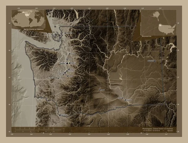美国华盛顿州Washington State America 高程图 用深紫色调涂上湖泊和河流 该区域主要城市的地点和名称 角辅助位置图 — 图库照片