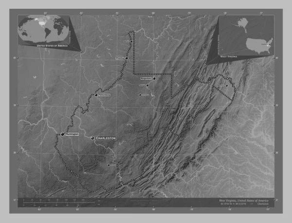 ウェストバージニア州 アメリカ合衆国の州 湖や川とグレースケールの標高マップ 地域の主要都市の位置と名前 コーナー補助位置図 — ストック写真
