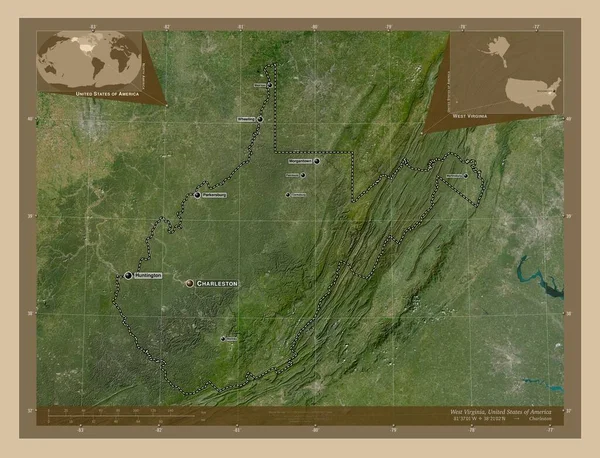 ウェストバージニア州 アメリカ合衆国の州 低解像度衛星地図 地域の主要都市の位置と名前 コーナー補助位置図 — ストック写真