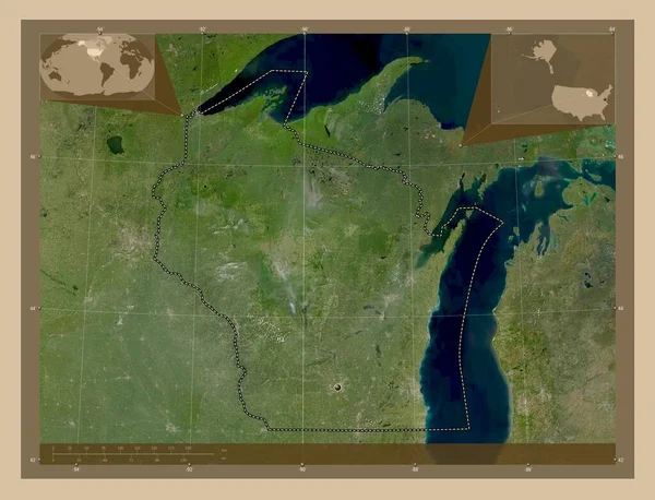 Ουισκόνσιν Πολιτεία Των Ηπα Δορυφορικός Χάρτης Χαμηλής Ανάλυσης Γωνιακοί Χάρτες — Φωτογραφία Αρχείου