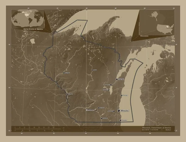 Висконсин Штат Соединенные Штаты Америки Карта Высоты Окрашенная Сепиевые Тона — стоковое фото