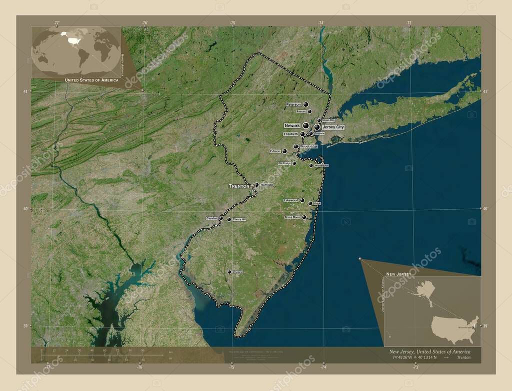 Nueva Jersey Estados Unidos De América. Satélite De Baja Resolución.  Principal C Stock de ilustración - Ilustración de océano, cereza: 274954164, image size:1024x783