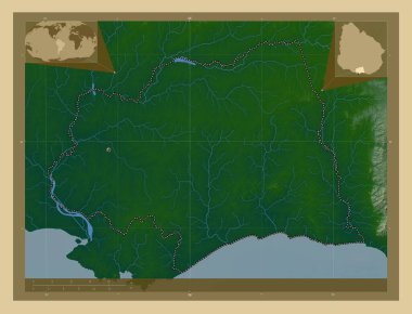 Canelones, Uruguay Departmanı. Gölleri ve nehirleri olan renkli yükseklik haritası. Köşedeki yedek konum haritaları