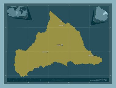 Cerro Largo, Uruguay Departmanı. Katı renk şekli. Bölgenin büyük şehirlerinin yerleri ve isimleri. Köşedeki yedek konum haritaları