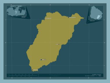 Lavalleja, Uruguay Departmanı. Katı renk şekli. Bölgenin büyük şehirlerinin yerleri ve isimleri. Köşedeki yedek konum haritaları